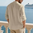 thumbnail image 5 of Men's Linen Shirt Button Down Long Sleeve Cotton Band Collar Casual Beach Shirts Stylish Solid Color Loose Blouses (3XL, Khaki), 5 of 6