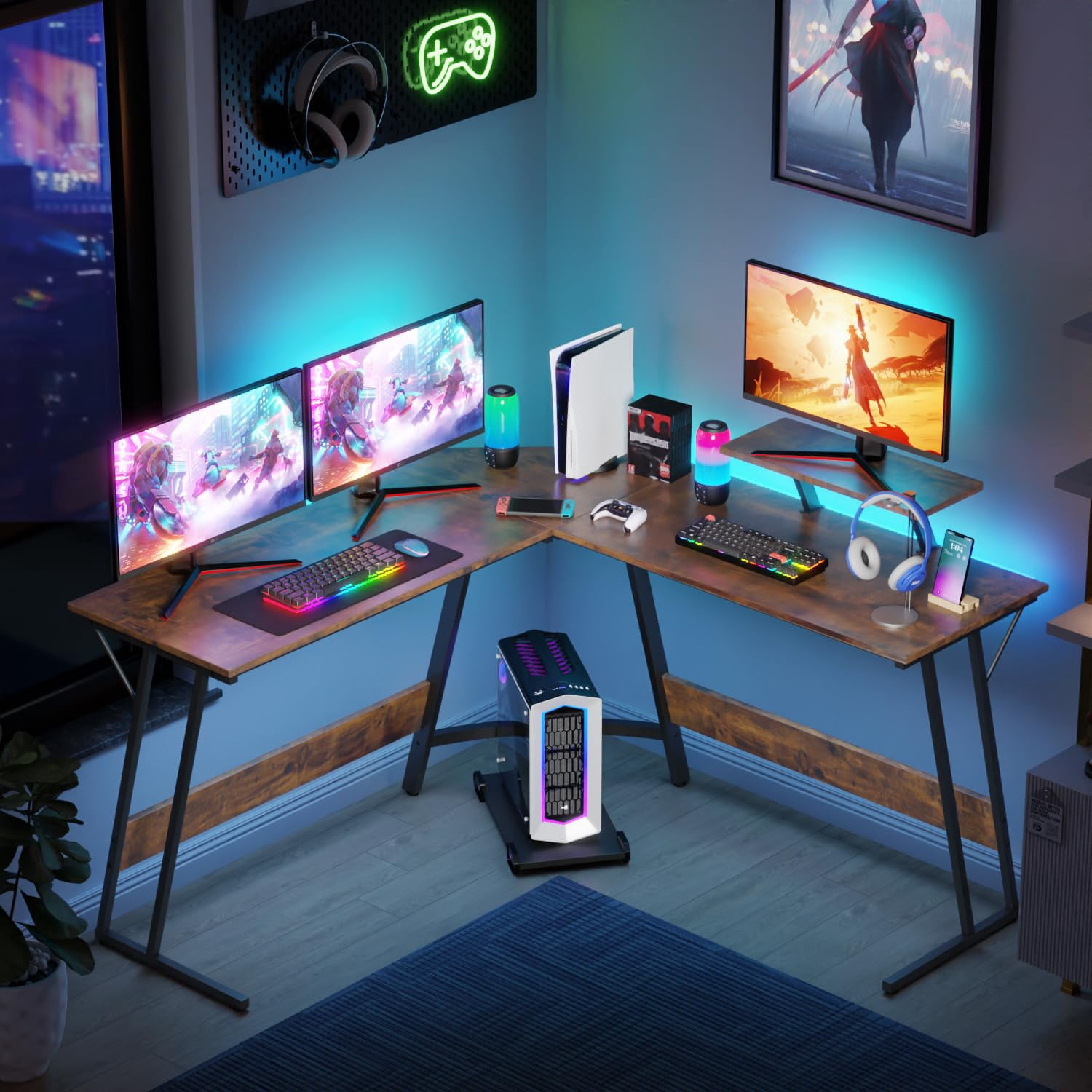 FDW L Shaped Desk Corner Gaming Desk with Large Desktop Studying Working Desk, Brown