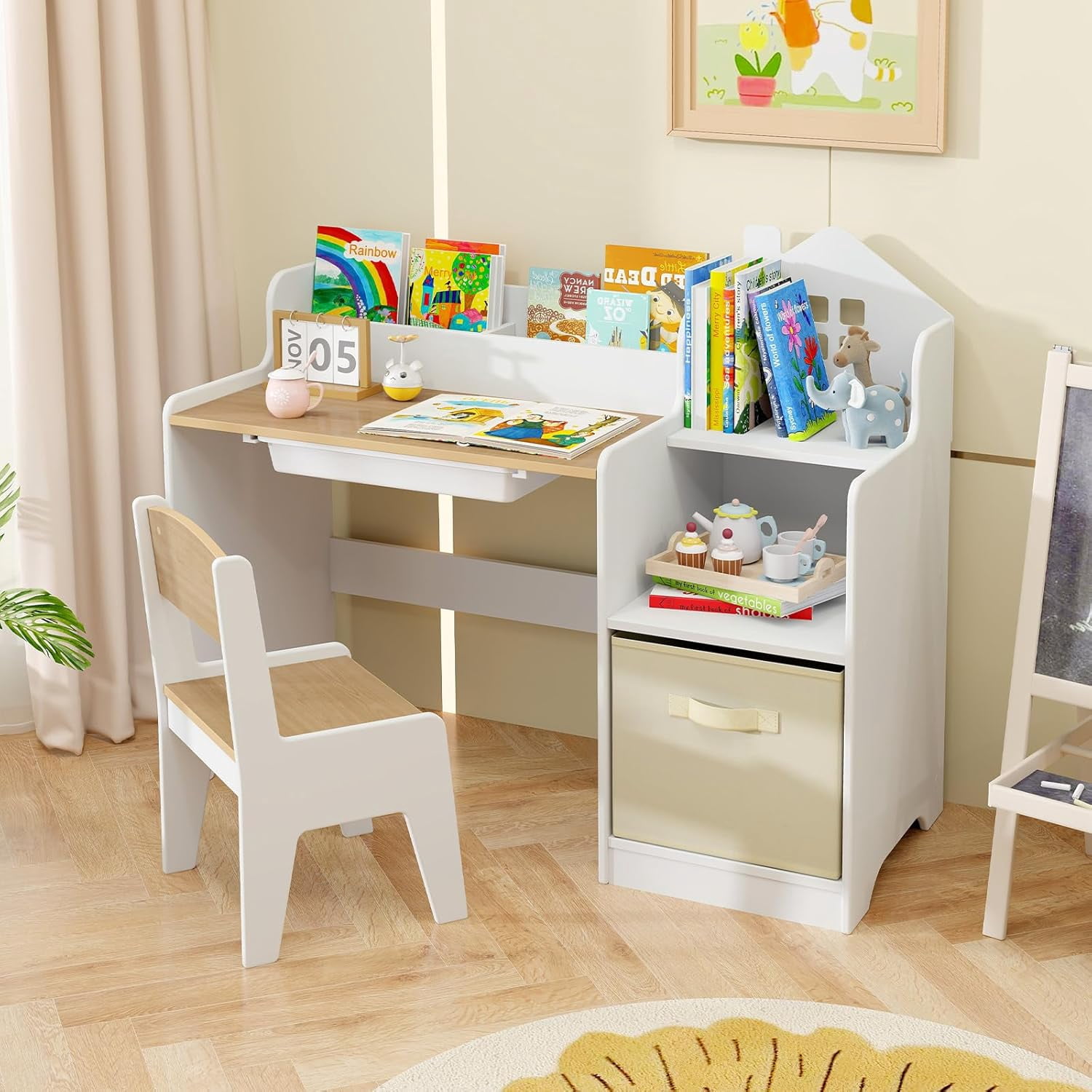 OLAKIDS Kids Table and Chair Set, Toddler Art Craft Play Wood Activity Desk with Chairs Storage Canvas Bin for Writing Drawing, Children Furniture for Daycare Nursery Boys Girls 3+