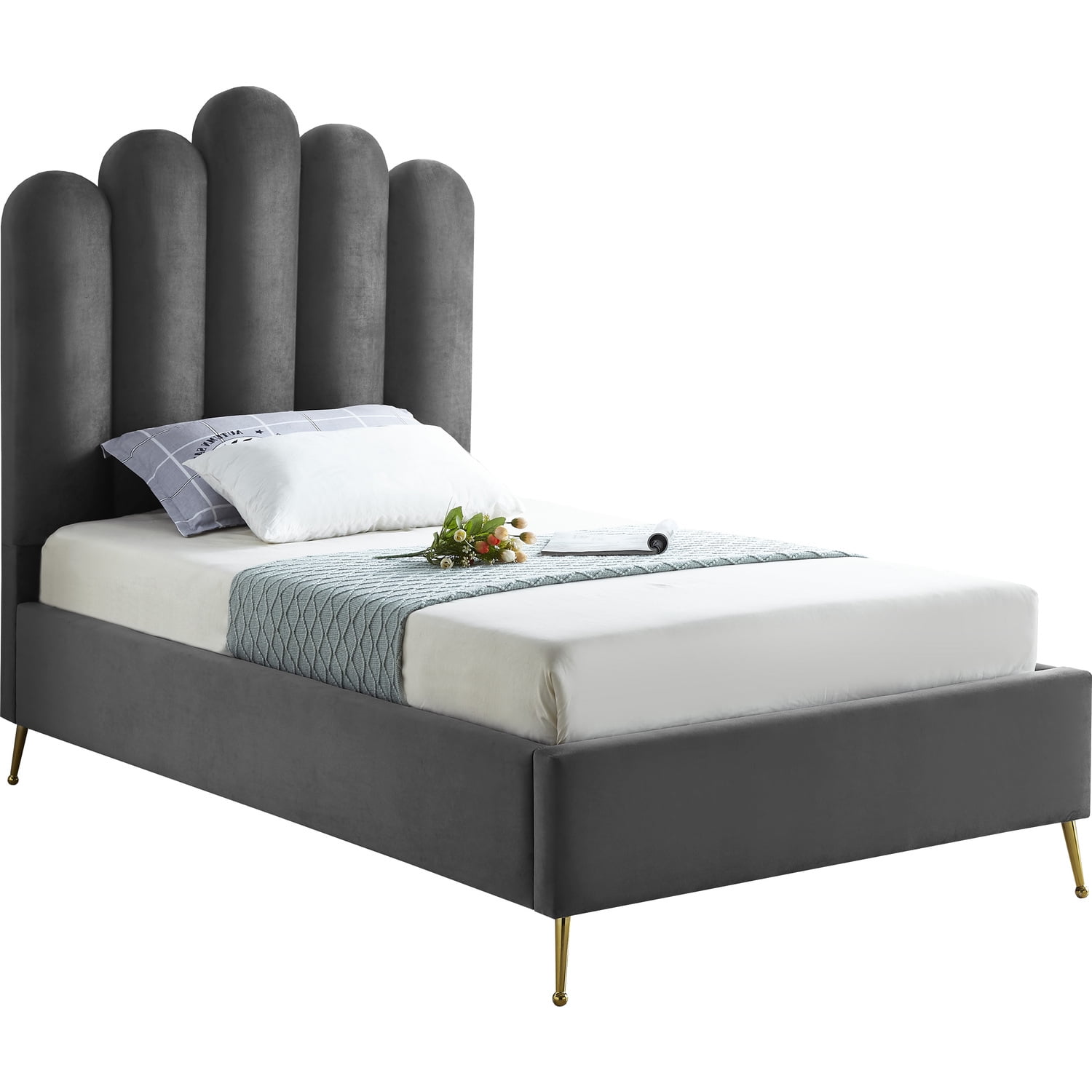 Meridian Furniture Contemporary Velvet, Lily Grey Linen Queen Upholstered Platform Bed Frame