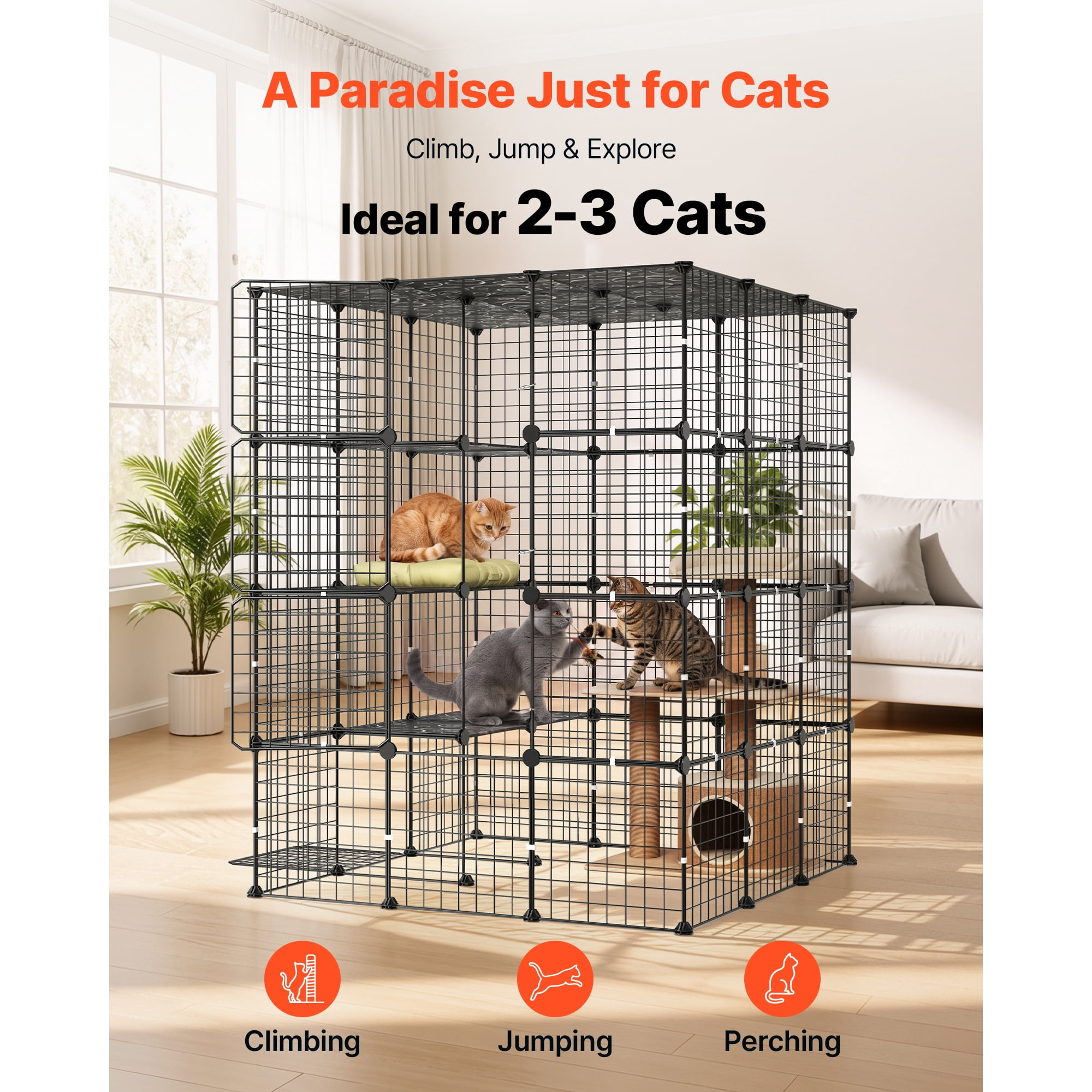 KFFKFF 4-Tier Cat Cage 40.98"x40.98"x55" DIY Indoor Playpen, Detachable Metal Wire Enclosure with 4 Doors, Spacious Exercise Area for 2-3 Cats, Kittens, or Small Pets, Black
