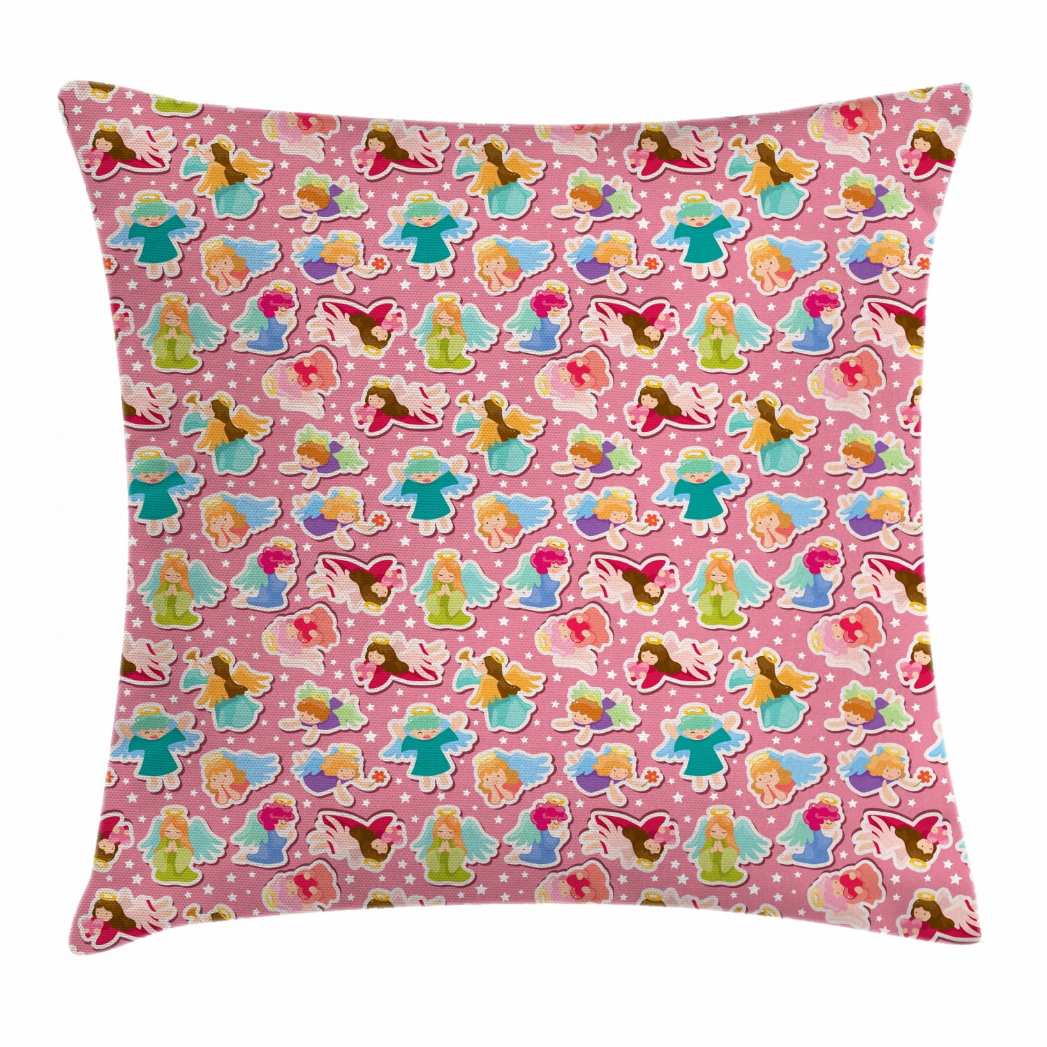 Angel Throw Pillow Cushion Cover, Magical Angels with Wings Tinsel