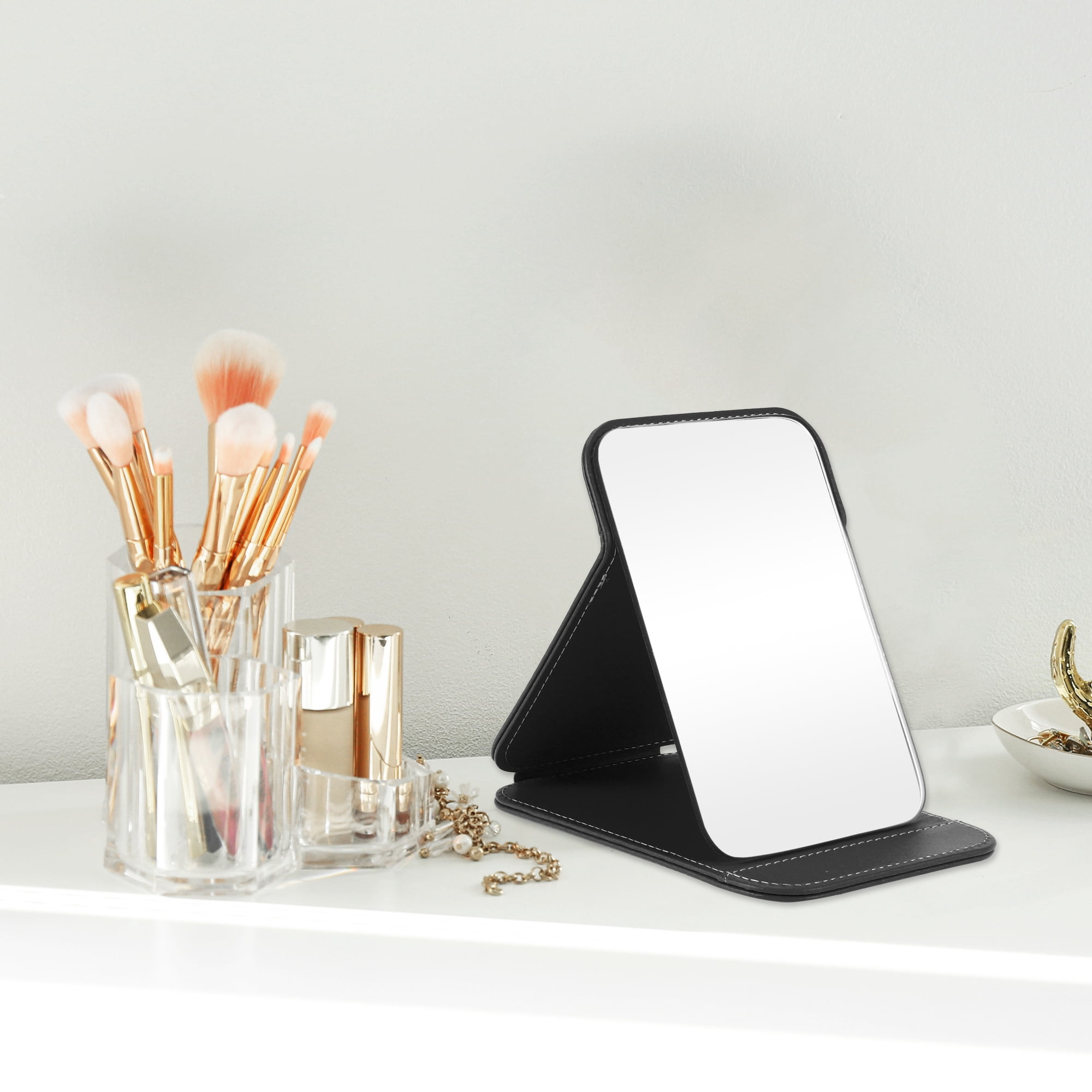 Unique Bargains 1pc Foldable Makeup Mirror for Travel and Vacation Black Small