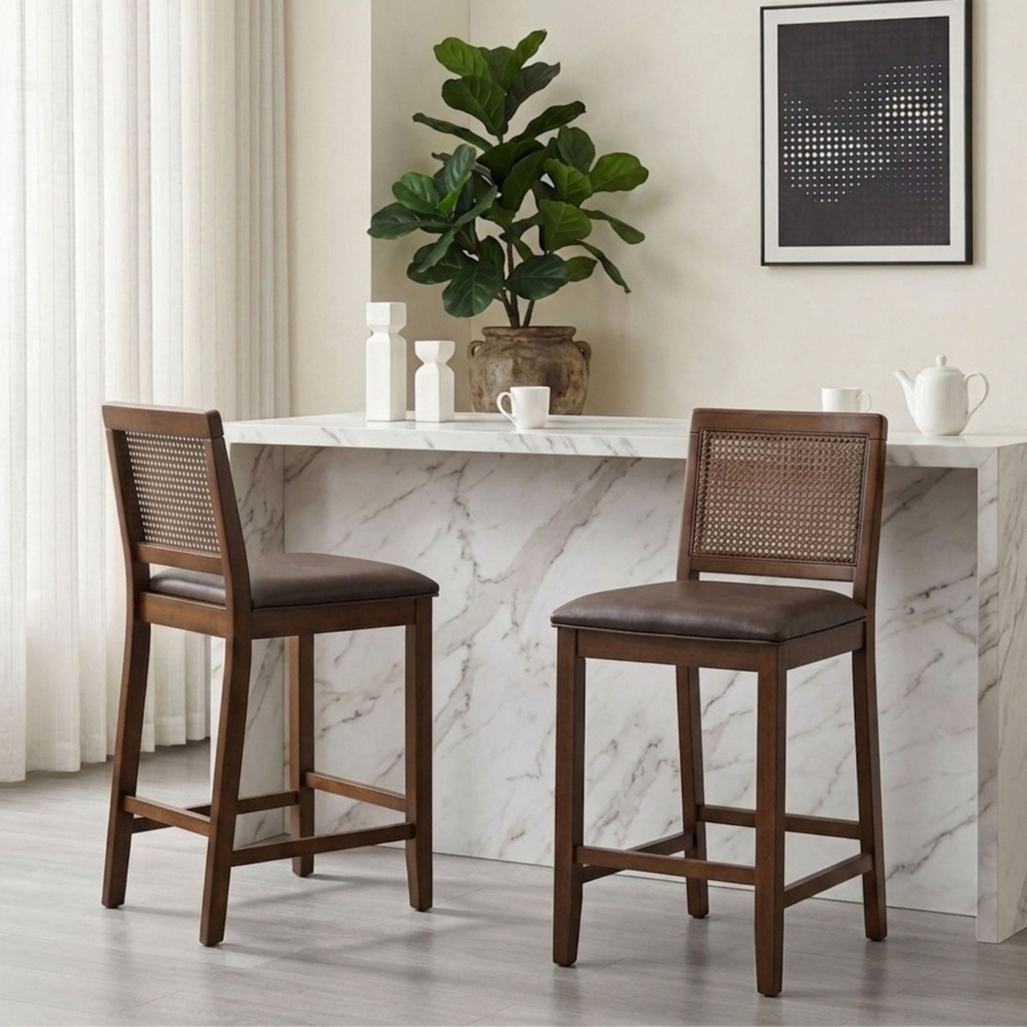 Guyou 26" Rattan Bar Stools Set of 2, Farmhouse Faux Leather Upholstered Counter Height Stools with Cane Woven Back, Mid-Century Modern Wooden Bar Chairs for Kitchen Island, Walnut Brown