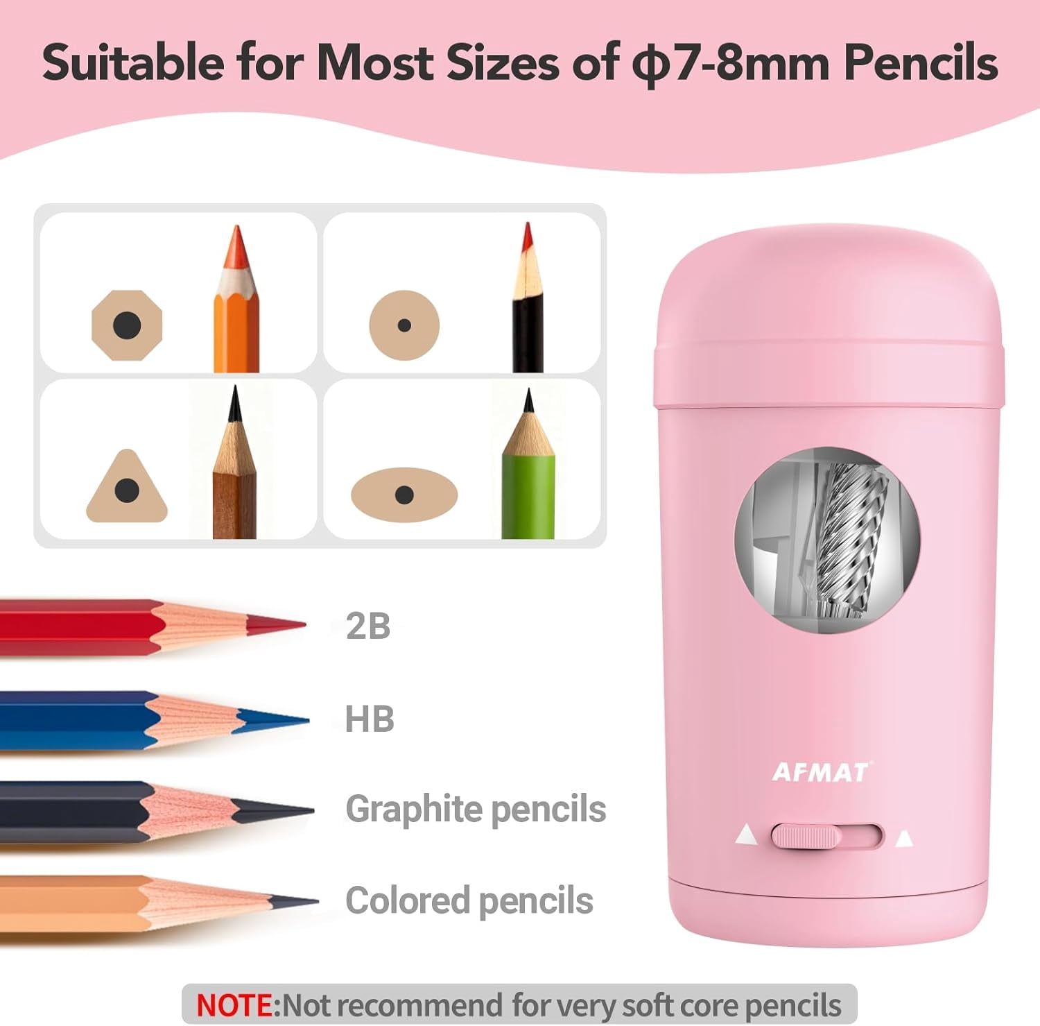 AFMAT Electric Pencil Sharpener, Fully Automatic Pencil Sharpener for 7-8mm Pencils & Colored Pencil, Auto in & Out, Rechargeable Vertical Hands-Free Sharpeners for Classroom/Home/Office,Pink