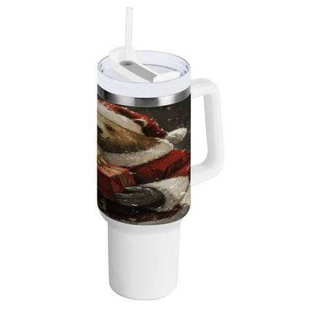 

40 Oz Car Handle Water Bottle 10.8x3.85 Inch Handle And Straw Travel Water Bottle Reusable Stainless Steel Water Bottle Santa Bear and Presents