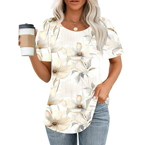 Fiudx Ofertas de La Semana Top Estampado con Cuello Redondo y Manga Corta Informal para Mujer a La Moda