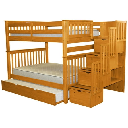 Trundle Honey - Bedz King Stairway Bunk Beds Full over Full with 4 Drawers in the Steps and a Full Trundle, Honey
