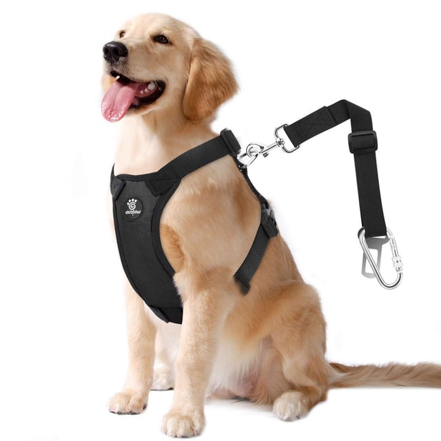 VavoPaw Arnés de chaleco de seguridad para vehículo para perro, correa de seguridad ajustable de malla suave acolchada con correa de viaje y mosquetón para la mayoría de los coches, tamaño grande, neg