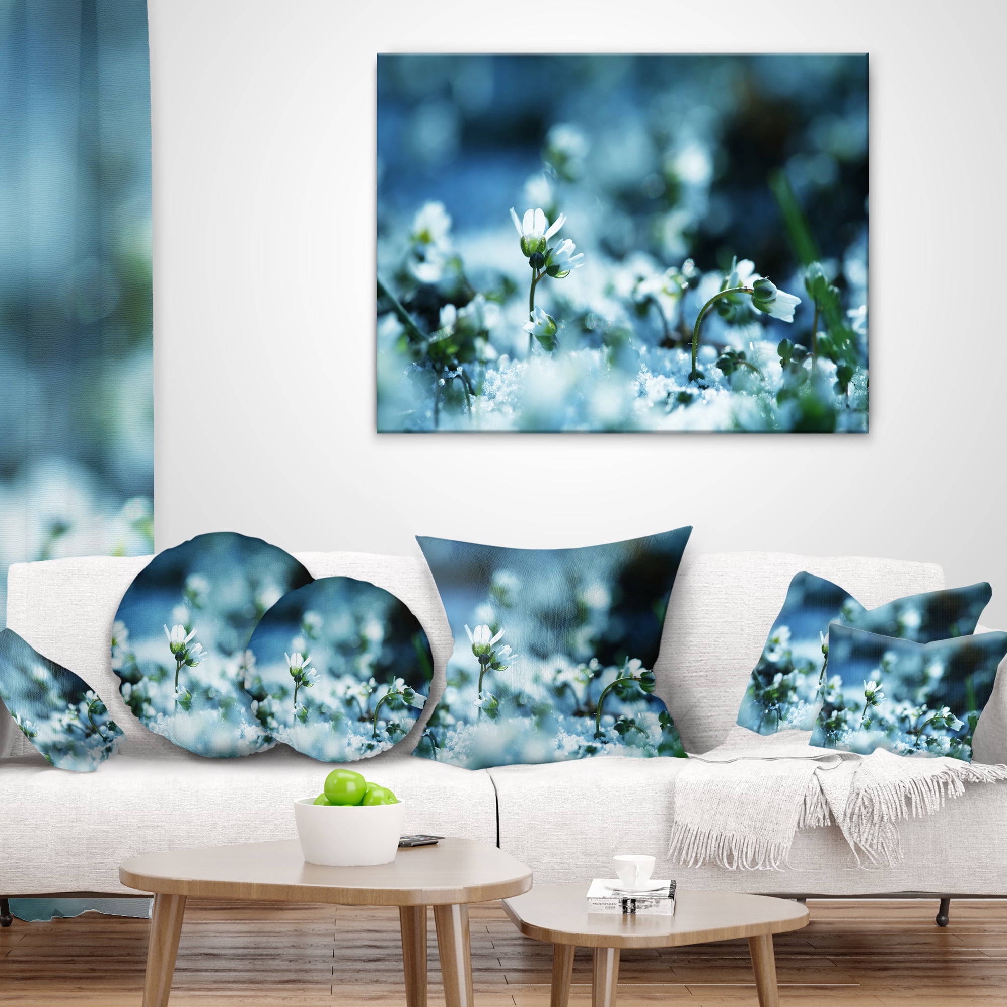 Designart White Flowers on Blue Background - Floral Throw Pillow - 16x16