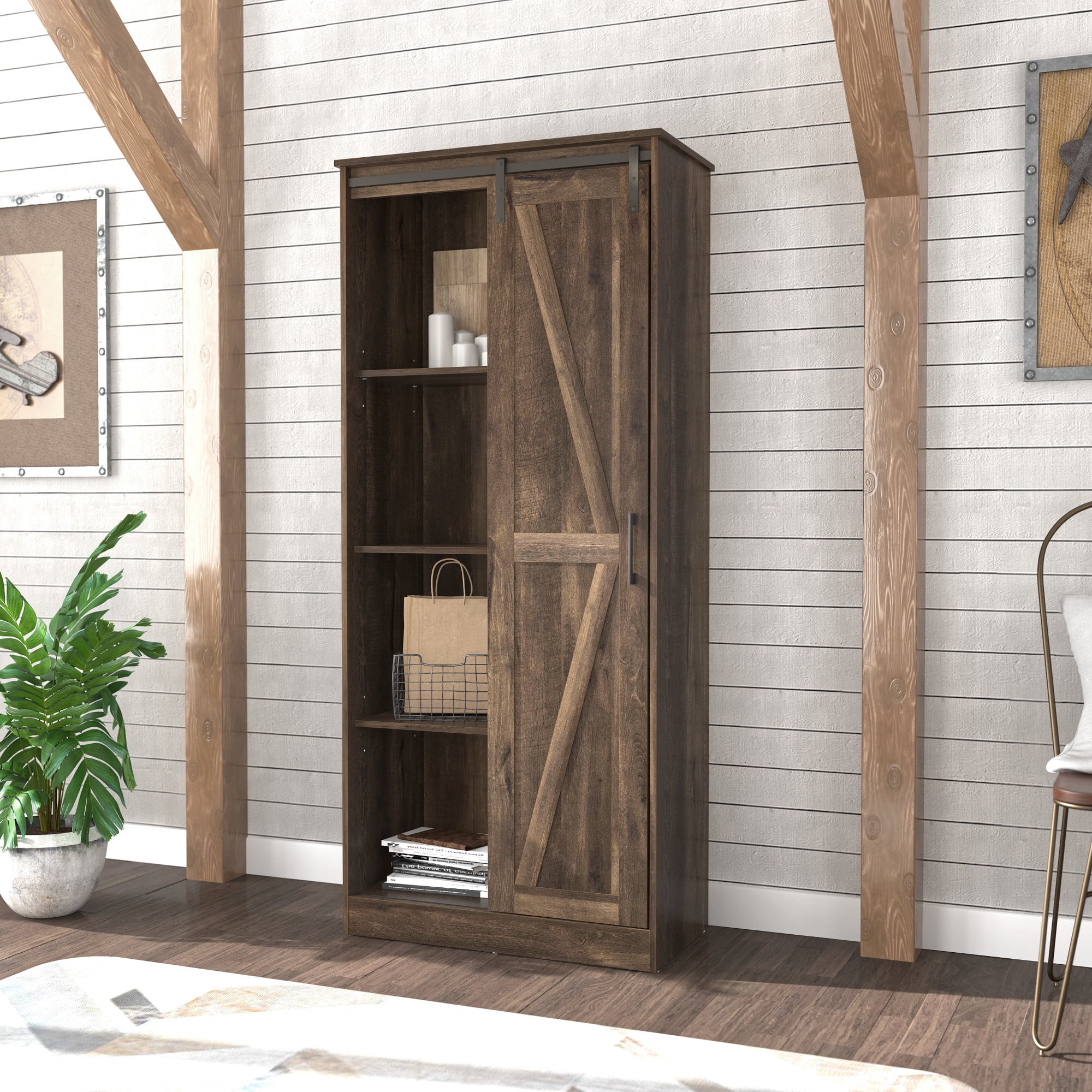Woven Paths Shelton Wood Kitchen Pantry with 1 Sliding Barn Door, Dusty Oak - 3