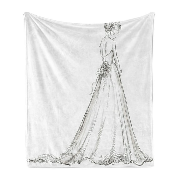 Bridal Soft Flannel Fleece Throw Blanket, Fairytale Ending of a Love Story Princess Sketchy Bride with Flowers Image, Cozy Plush for Indoor and Outdoor Use, 70" x 90", Black and White, by Ambesonne