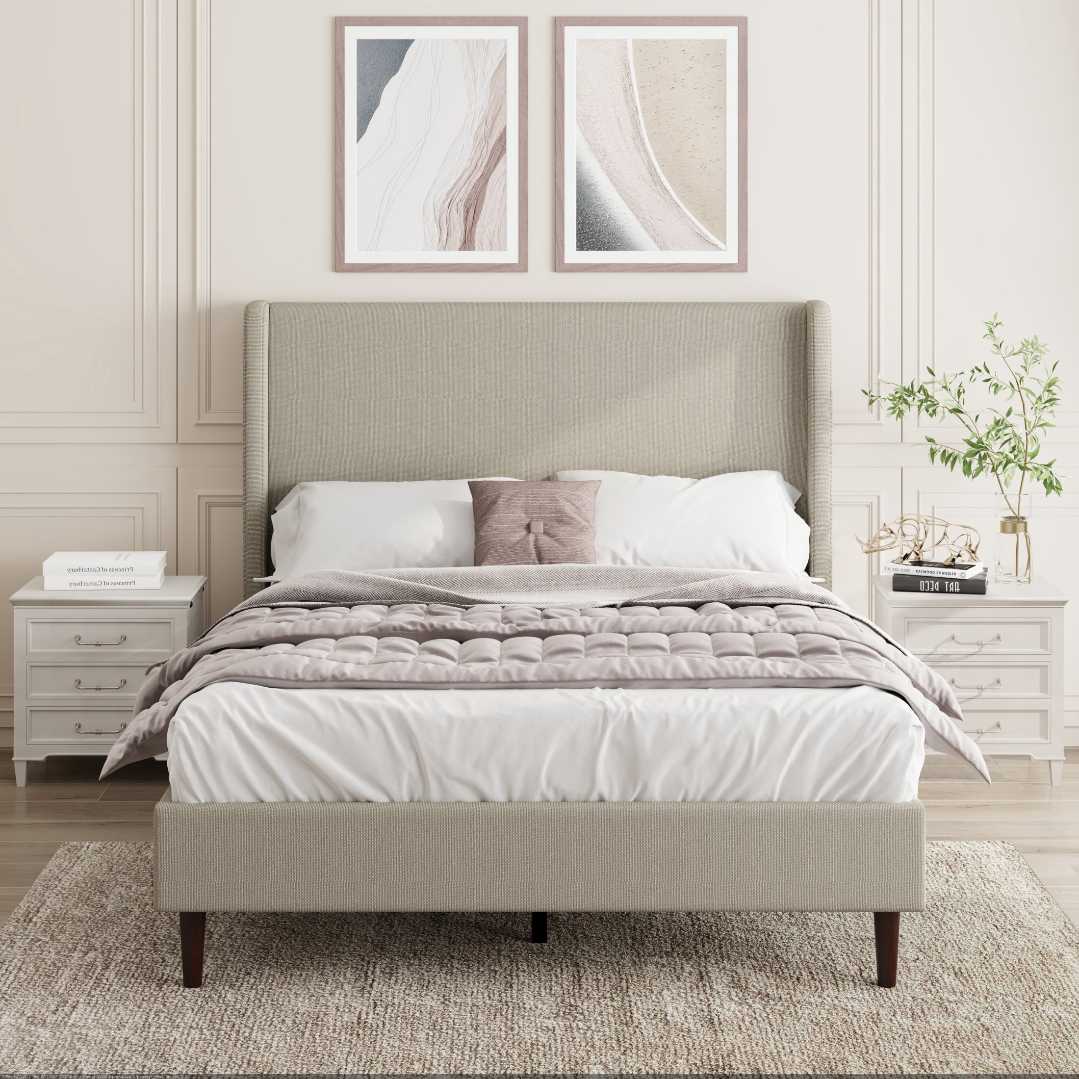GDF Studio Queen Size Linen Upholstered Bed with High Headboard & Wood Slat Support, Beige