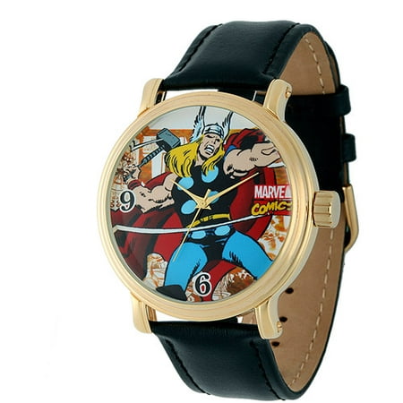 Marvel Thor Men's Vintage Gold Shiny Alloy Case Watch, Black Leather Strap