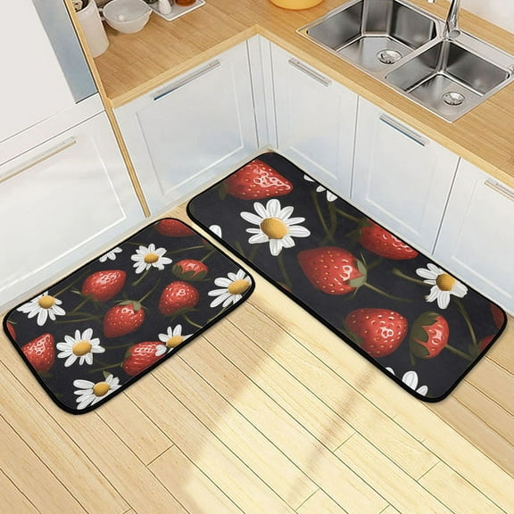 Floral Strawberry Fruit Kitchen Rugs Set of 2 Non Slip Floor Foam Mat Cushioned Soft Waterproof Carpet Runner for Dining Room Laundry