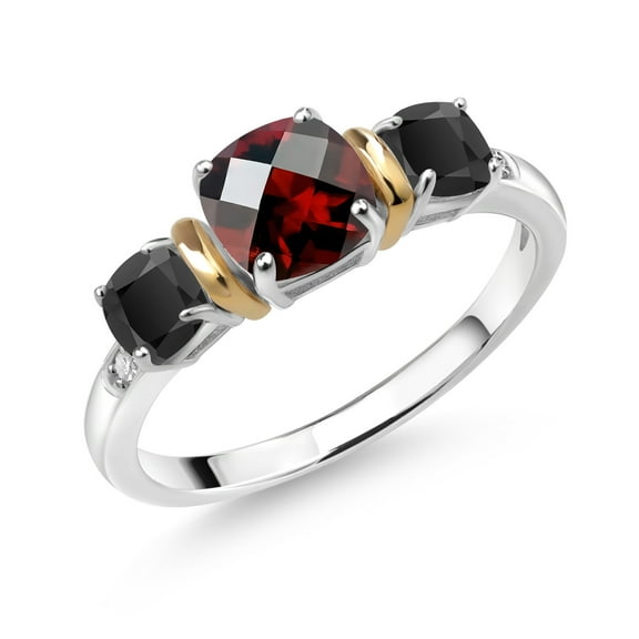 Gem Stone King 1.54 Ct Cushion Checkerboard Red Garnet Black Onyx 925 Silver and 10K Yellow Gold Ring (Size 9)