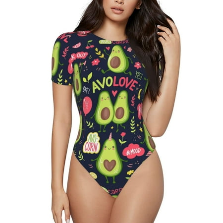 Salouo Avocado Love for Women s Short Sleeve Bodysuit Sexy Bodysuits One Piece Round Neck Bodysuit Shapewear Tummy Control-XX-Large