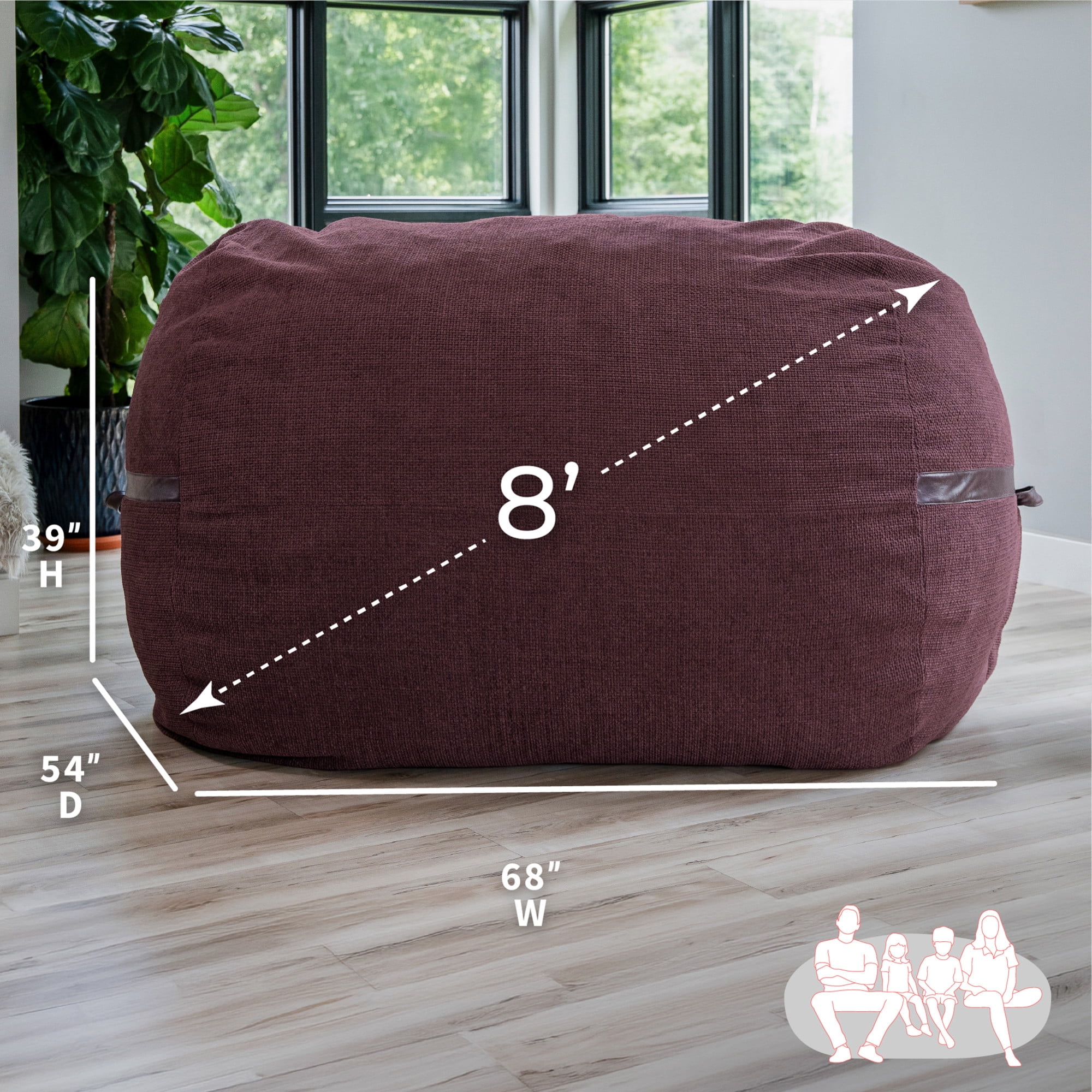 Big Joe Fuf 8Ft Giant Foam Bean Bag Chair, Oversized Couch with Removable Cover for Kids, Teens, Adults, Merlot Cloudweave, 8 Foot