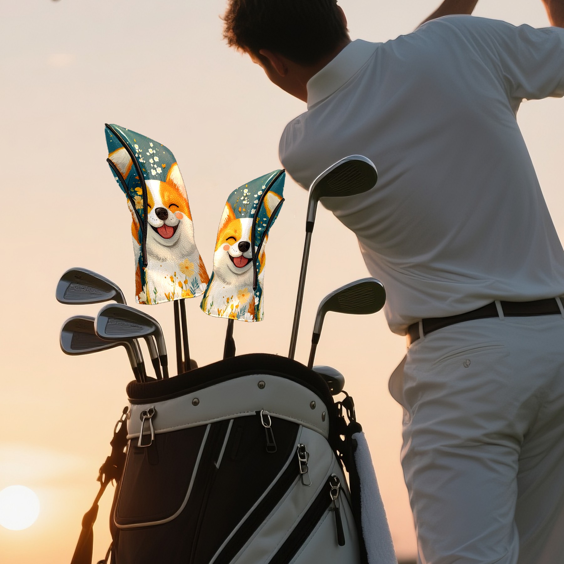 Golf Club Covers PU Leather Waterproof Head Covers for Fairway Woods Hybrids Cute Puppy