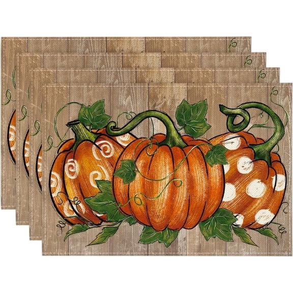 mubwai Wood Polka Dot Pumpkins Fall Placemats Set of 6, 12x18 Inch Seasonal Table Mats for Table Runner Party Kitchen Dining Decoration