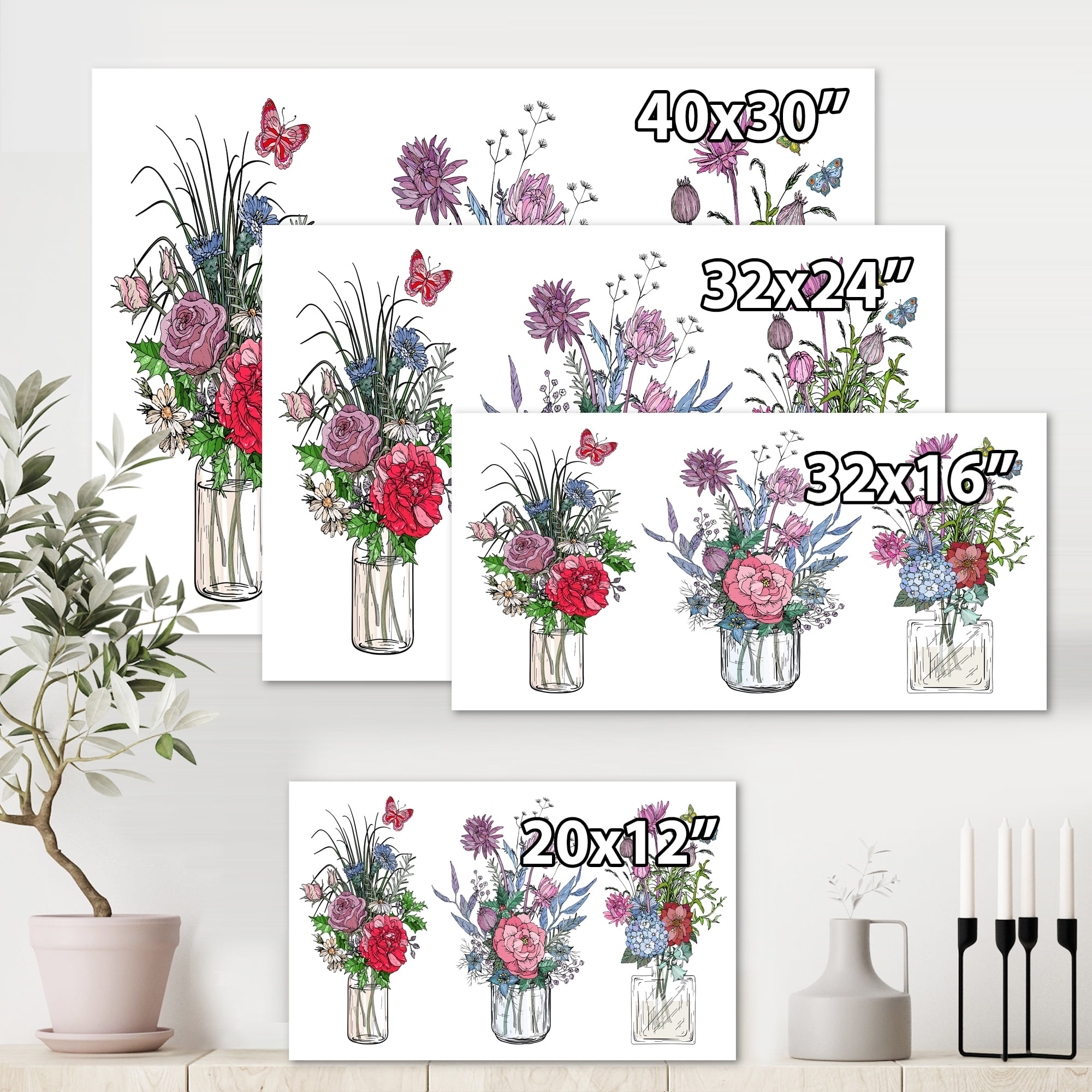 Designart ' Transparent Vases With Bouquets of Wildflowers I ' Farmhouse Canvas Wall Art Print