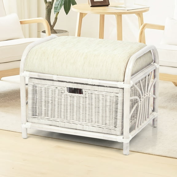 Wickerix Krit Ottoman Footstool Handmade Natural Rattan Wicker w/Basket, White Color
