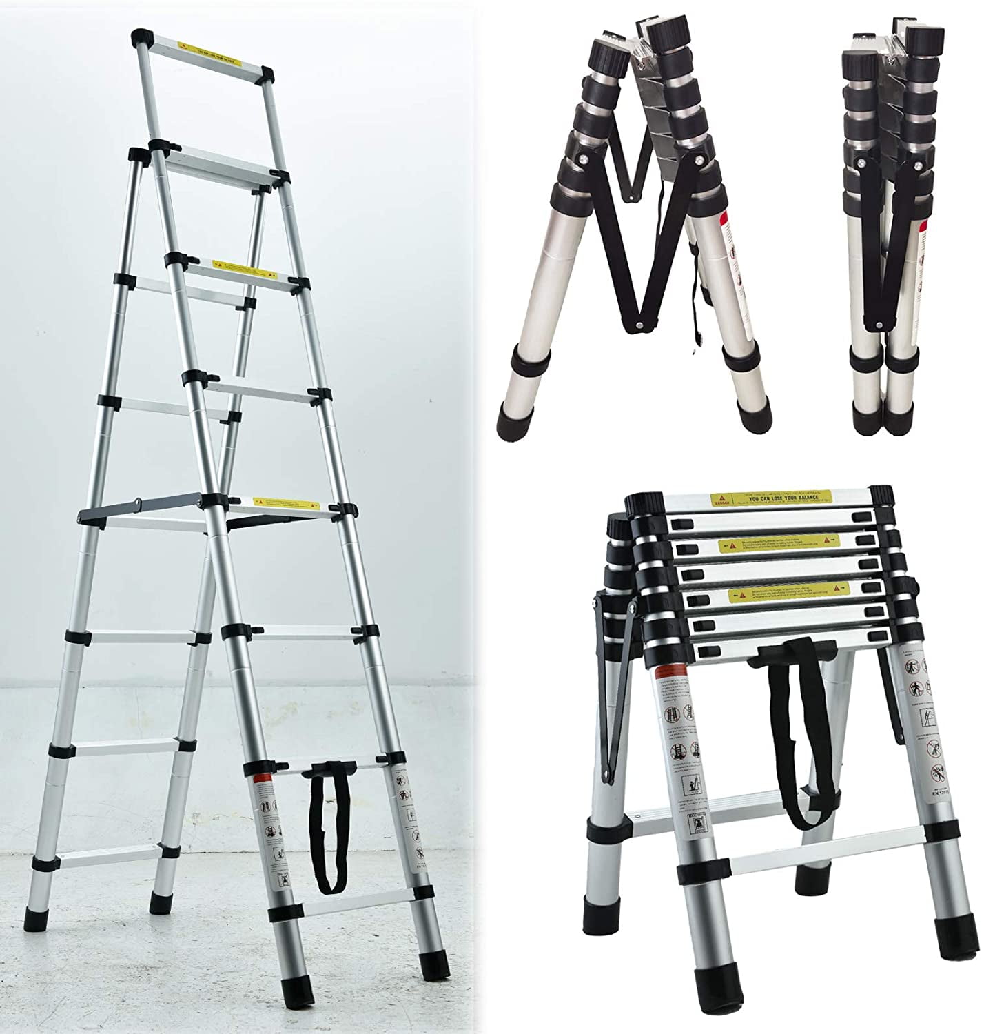 Dayplus 6+7 Step Telescoping Ladder, 6.5ft + 7.5ft AFrame Aluminum