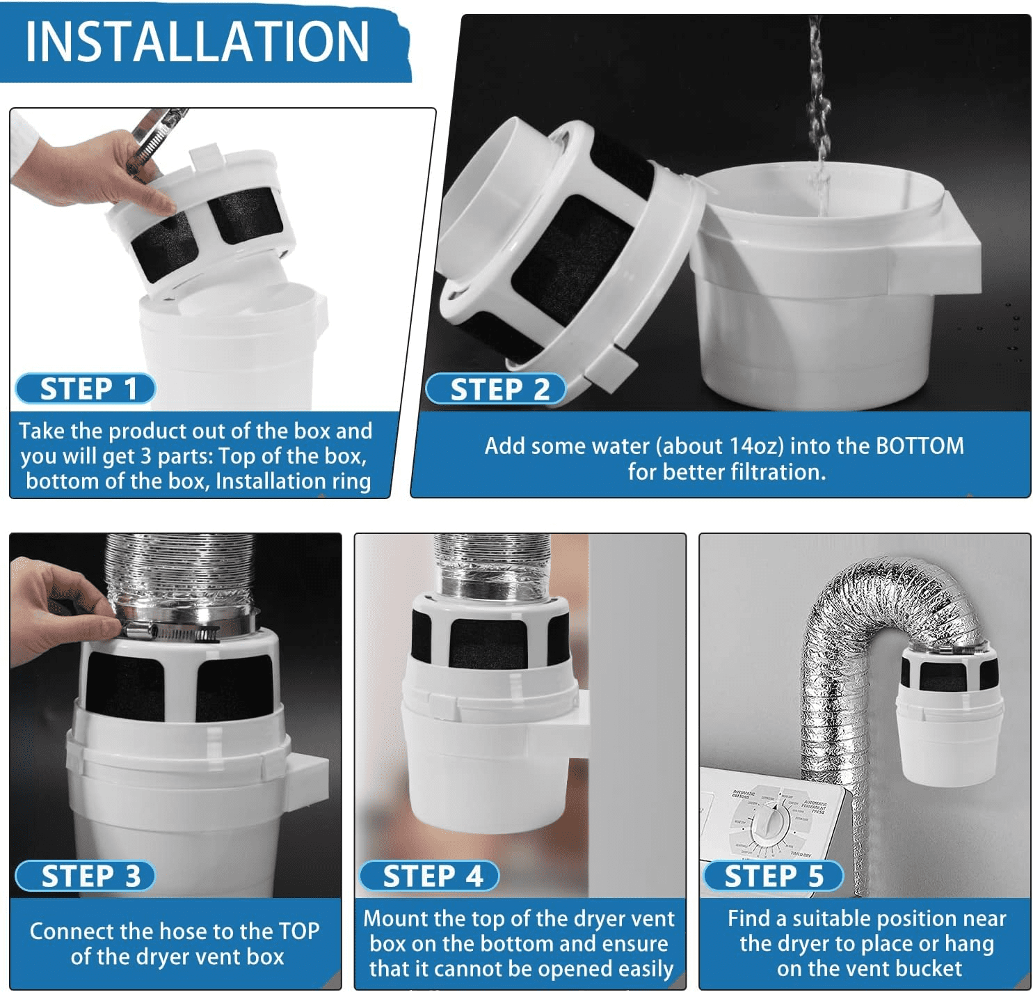 TUOOWO Indoor Dryer Vent Kit Lint Trap Bucket Dryer Vent with 4-Inch by 5-Feet Silver Proflex Duct