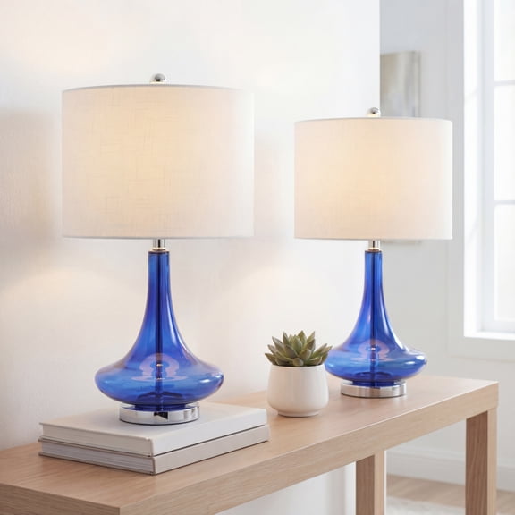 JONATHAN Y Cecile 25.5" Glass Teardrop LED Table Lamp, Cobalt/Chrome (Set of 2), JYL1081D-SET2