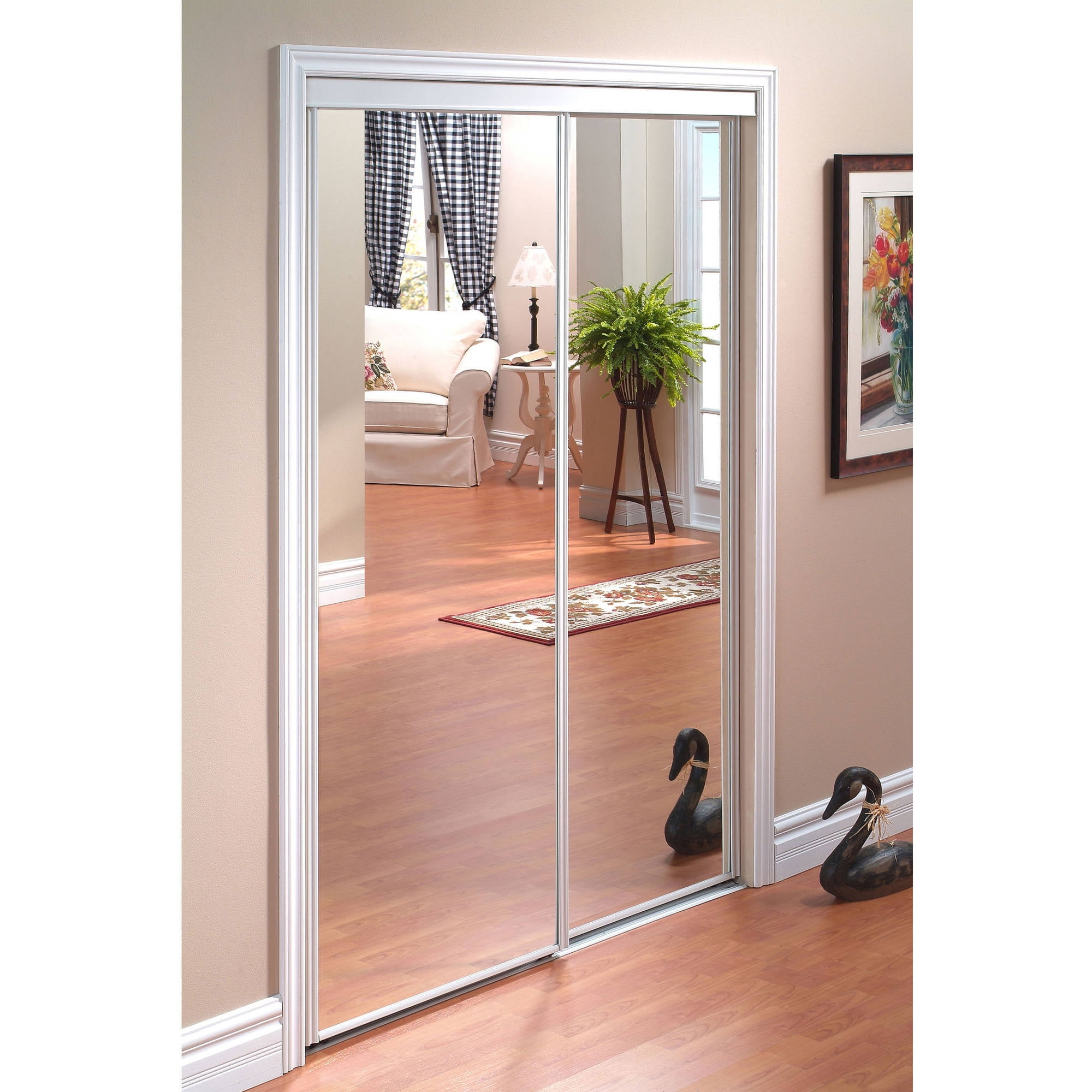 Pinecroft Euroframe Mirror Sliding Door with White Frame