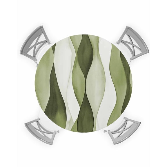 nqOlkjepod Sage Green Stripes Round Tablecloth, Fitted Table Cover with Elastic for 55"-60" Round Tables, Retro Farmhouse Abstract Ripple Table Cloth Outdoor Dinning Party Waterproof Tablecloths