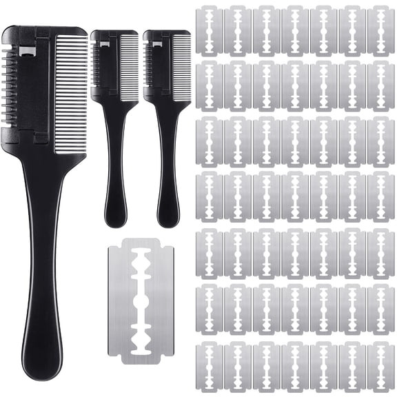 3 Pcs Grooming Razor Comb with 50 Replacement Blades - Double Sided Hair Trimmer, Cutter and Scissors Tool