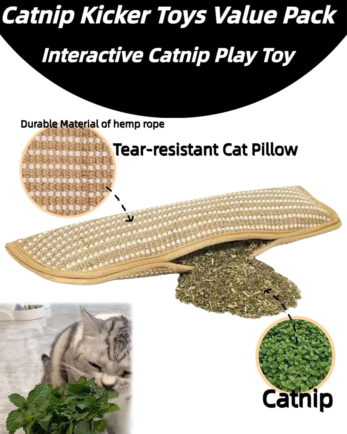 Interactive Catnip Chew Toy for Indoor Cats, 13 Inches Sisal Scratching Pad & Catnip Pillow, Natural Kicker Toys for Anxiety Relief, Chew-Resistant Play Mat