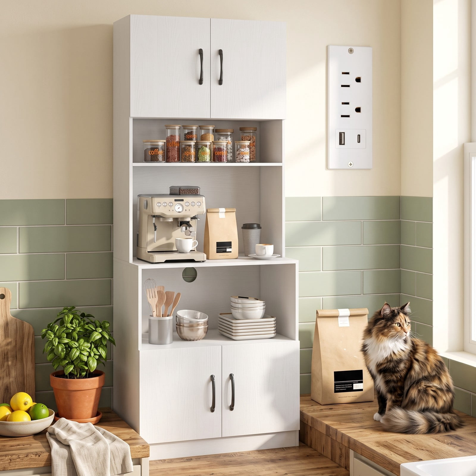 Furnibear 66 Inch Kitchen Pantry Cabinet with Charging Station, Adjustable Shelves and Wide Countertop, Freestanding Storage Hutch for Kitchen Dining Room, White