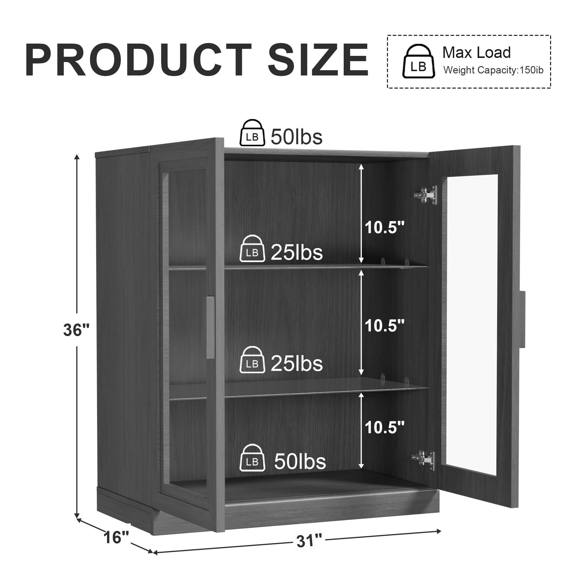 MAYEERTY 31x31x16 Inch Light Walnut Wood Grain Storage Cabinet with Glass Door for Living Room