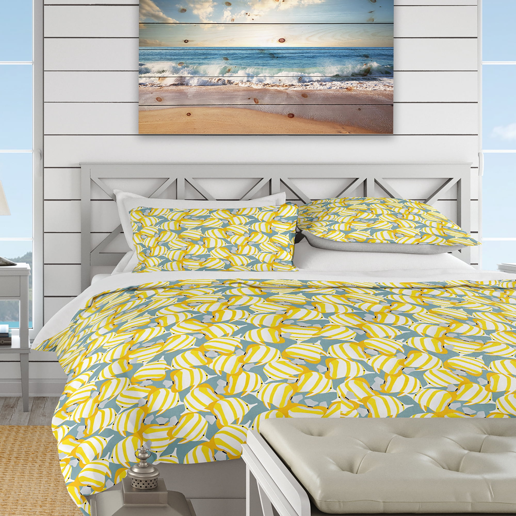 Designart 'Yellow Fishes Pattern' Nautical & Coastal Duvet Cover Set