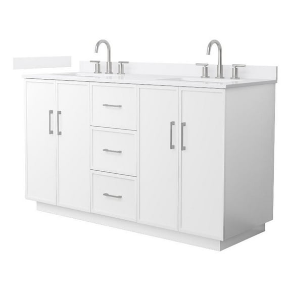Elan TK 60" White Double Vanity & White Quartz Top (3-Hole) & Nickel Trim