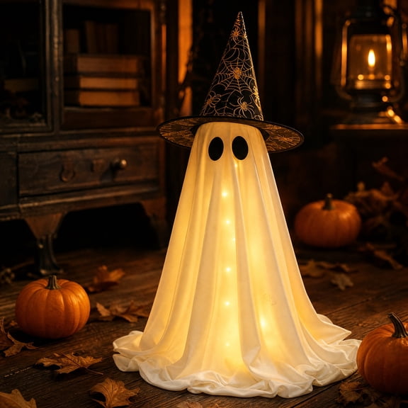 Halloween Ghost Decorations, 59.06 Inch Light Up Standing Ghost Lamp with Witch Hat, Spooky Halloween Indoor Porch Party Decor