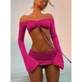 thumbnail image 4 of Hugcitar Women Matching 2 Piece Set Long Sleeve Drawstring Ruched Crop Top Mini Skirt Suit Co Ords Outfits Bodycon Sexy Party, 4 of 10