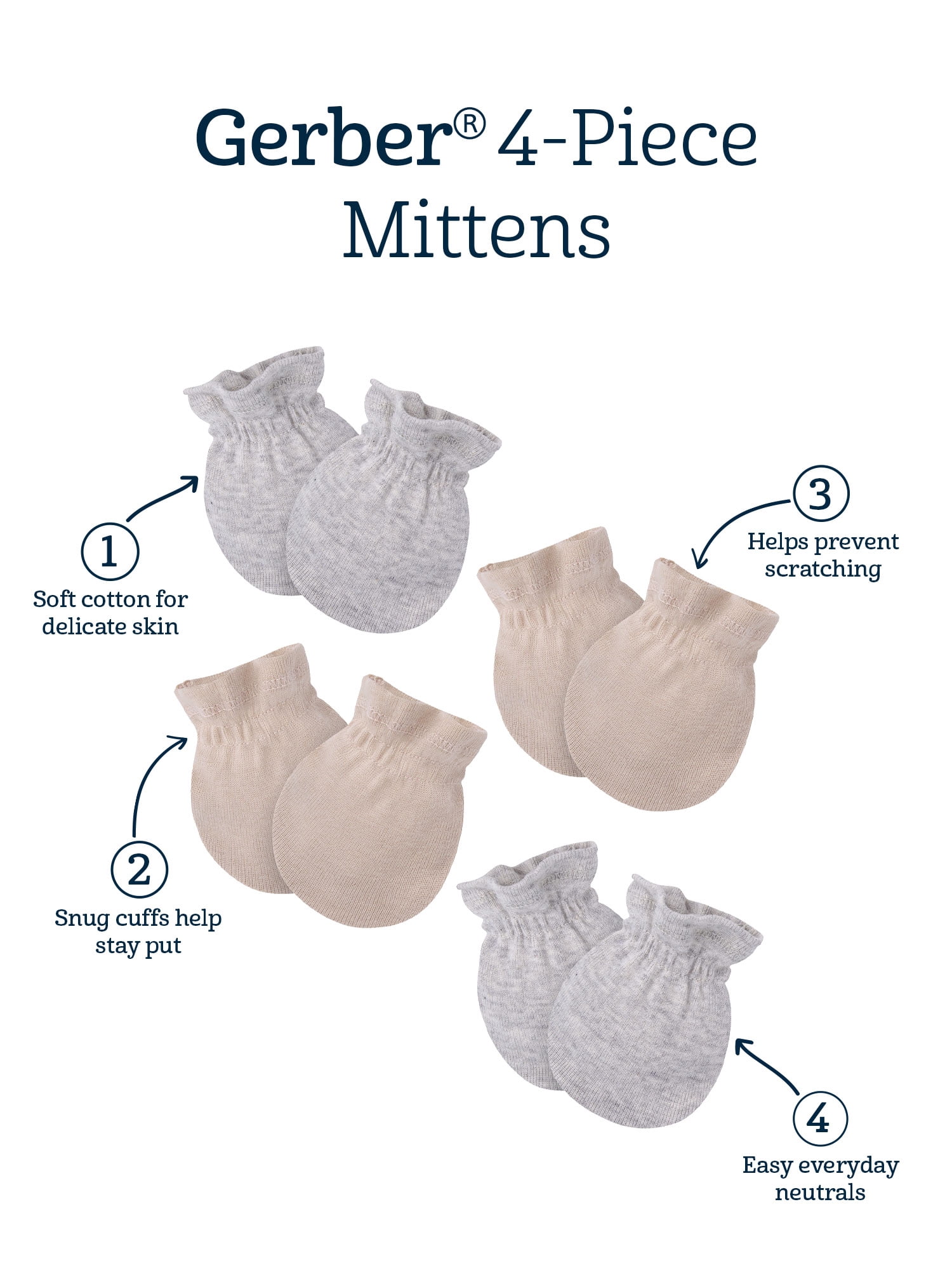Gerber Baby Boy or Girl Neutral Adjustable Cotton Mittens, 4-Pack, 0/6 Months