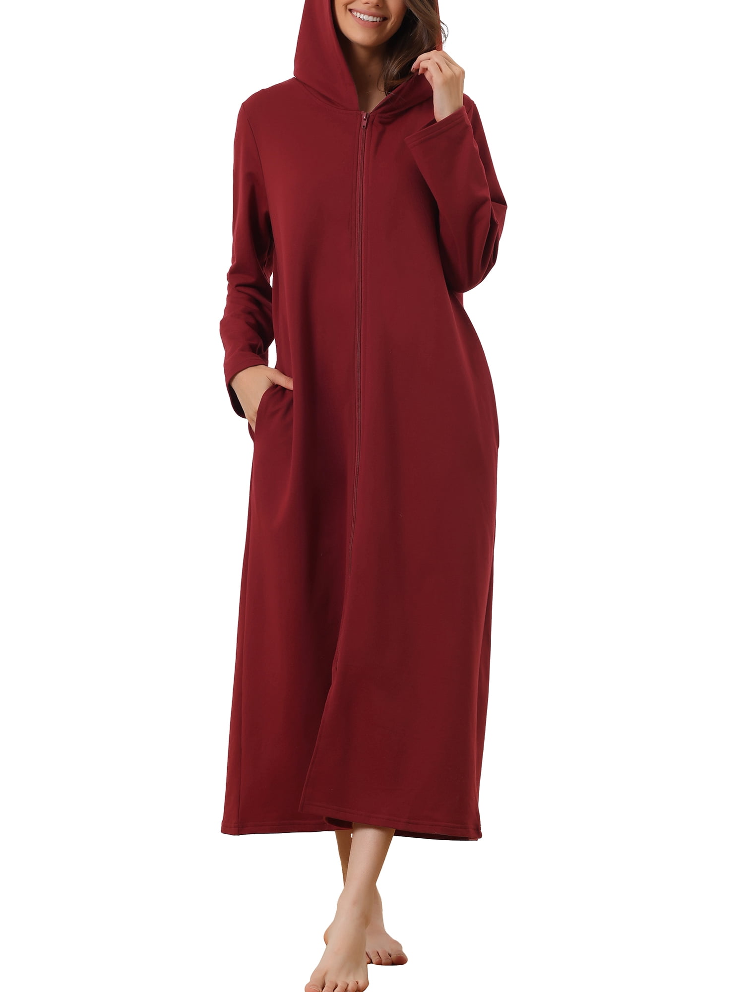 Unique Bargains Womens Robe Zip up Hooded House Dress Nightshirt Hoodie Long Bathrobe XL Red