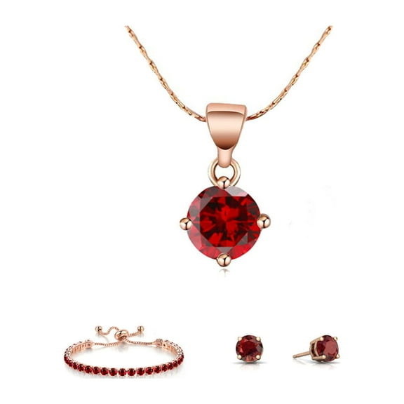 Paris Jewelry 18k Rose Gold 6 Ct Round Created Garnet Set of Necklace, Earrings and Bracelet Plated