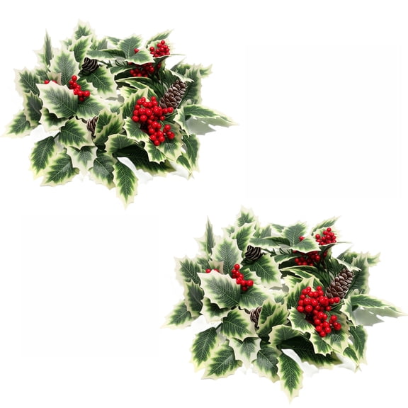 2 Pack Christmas Holly Candle Rings with Red Berries & Pinecones, Artificial Winter Centerpiece for Pillar Candles