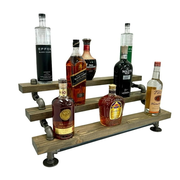 Freestanding Liquor Shelf | 3 Tier Industrial Bar Display | Liquor Bottle Display | Wood Wine Shelf | Bar Organization | Tiered Bottle Shelf (24", Aged Barrel)