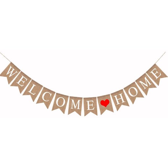 Welcome Home Banderole Bannière en Lin Jute pour Mur Table Décoration pour bienvenu Maison Mariage Fête Party Anniversaire