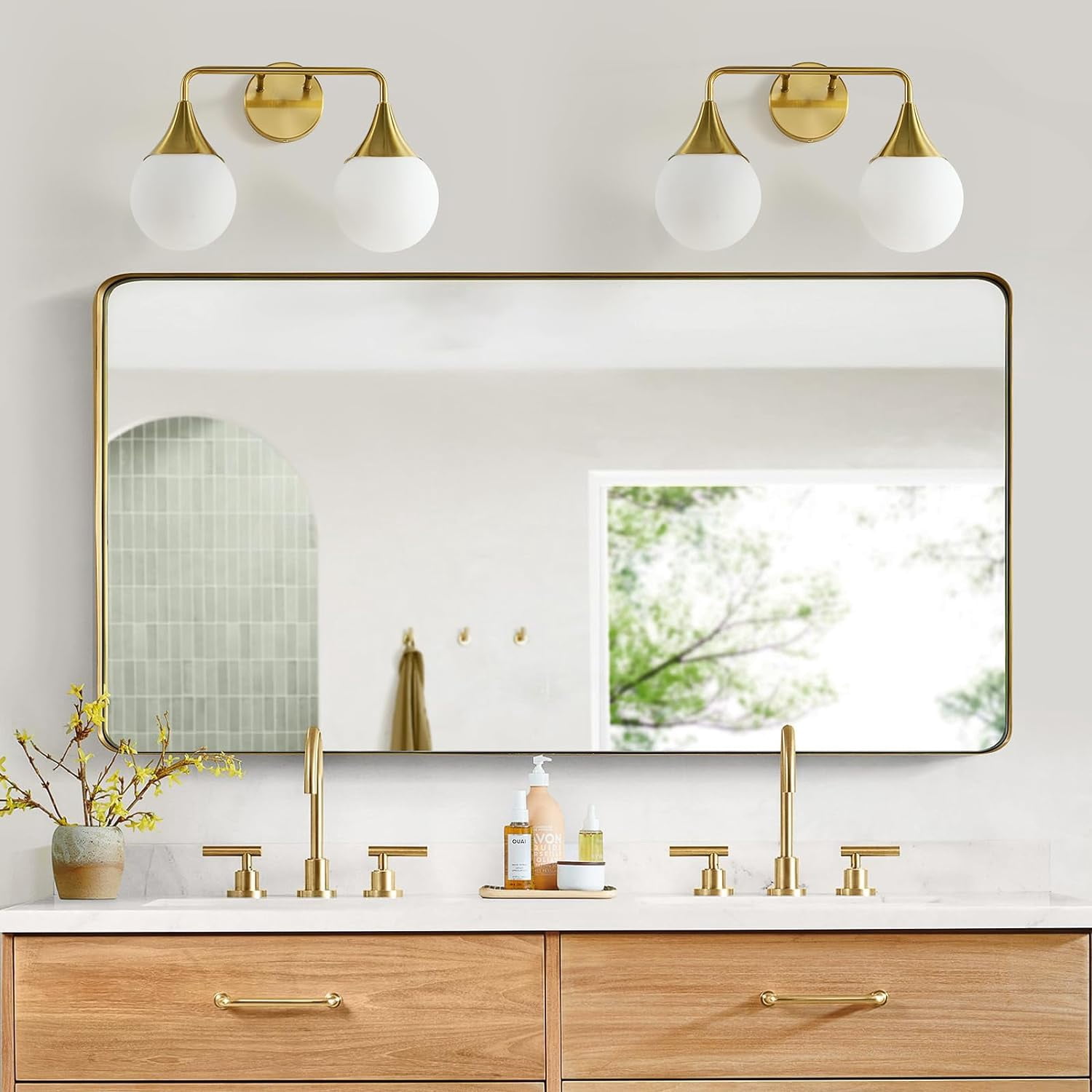 Bathroom Vanity Light 2 Lights Bathroom Lighting Fixtures Over Brushed Gold Wall Sconces with Frosted Globe Glass for Hallway Restroom