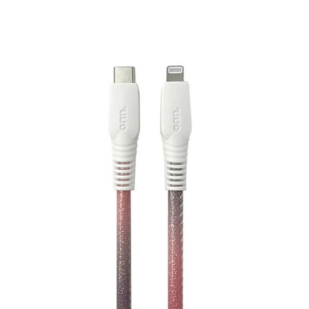 onn. Lightning to USB-C Glitter Cable, 6' Cord, Grey & Orange