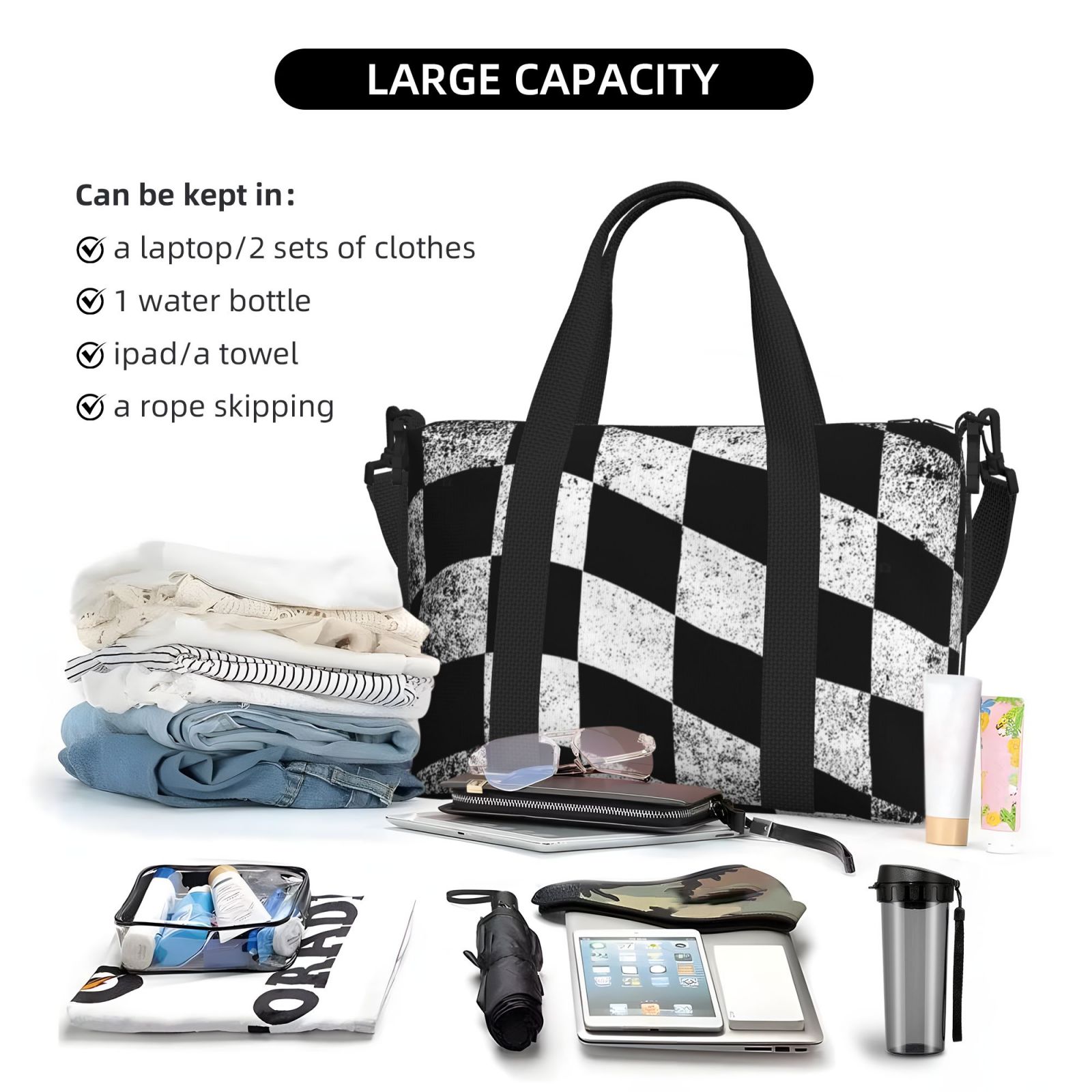 Travel Duffel Bag Checkered Flag Sports Tote Gym Bag Shoulder Weekender Overnight Bag For Women Men