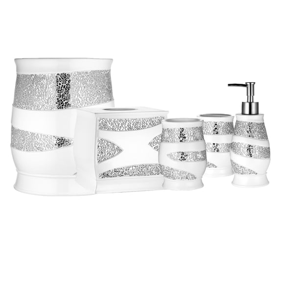 Bath Accessory 5-Piece  Set Soap Pump, Toothbrush, Tumbler, Waste Box and Tissue Box (White)