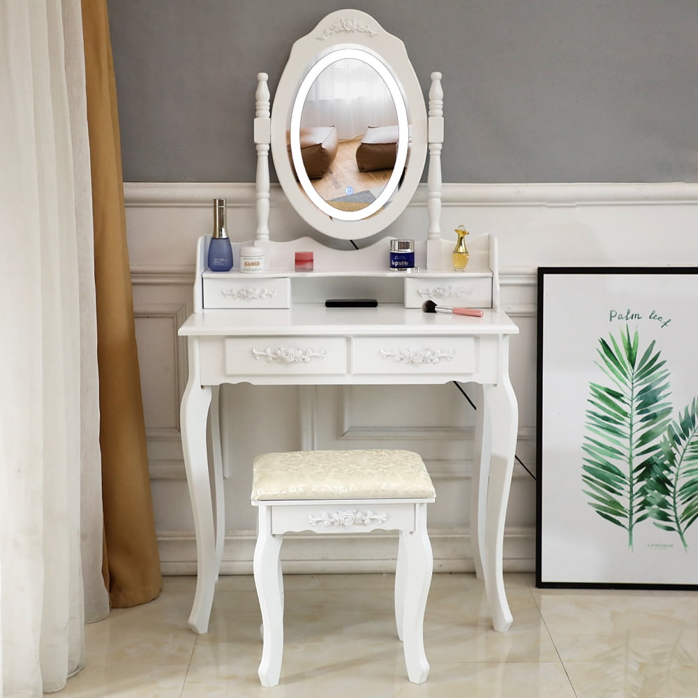 Makeup Table & Stool Set Wood Vanity Dressing Desk W/Mirror and 4 Drawers 